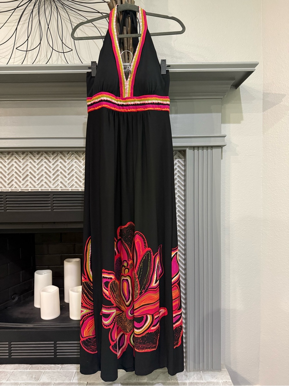 Ronni Nicole Black Halter Maxi Dress with Pink, Red & Orange Floral Detail